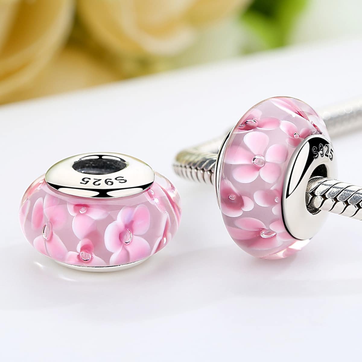 Pink Flower Murano Glass Charm